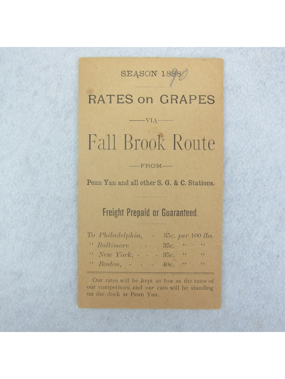 1888 Grapes Rate Card Syracuse Geneva & Corning Railway Fall Brook Route NY RARE
